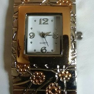 Very Pretty Silver Cuff Watch w/Gold Flowers